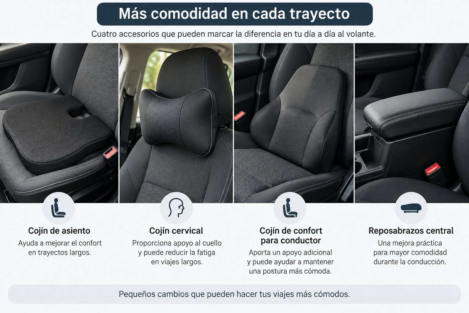 Accesorios de confort para viajar en coche: cojines y reposabrazos