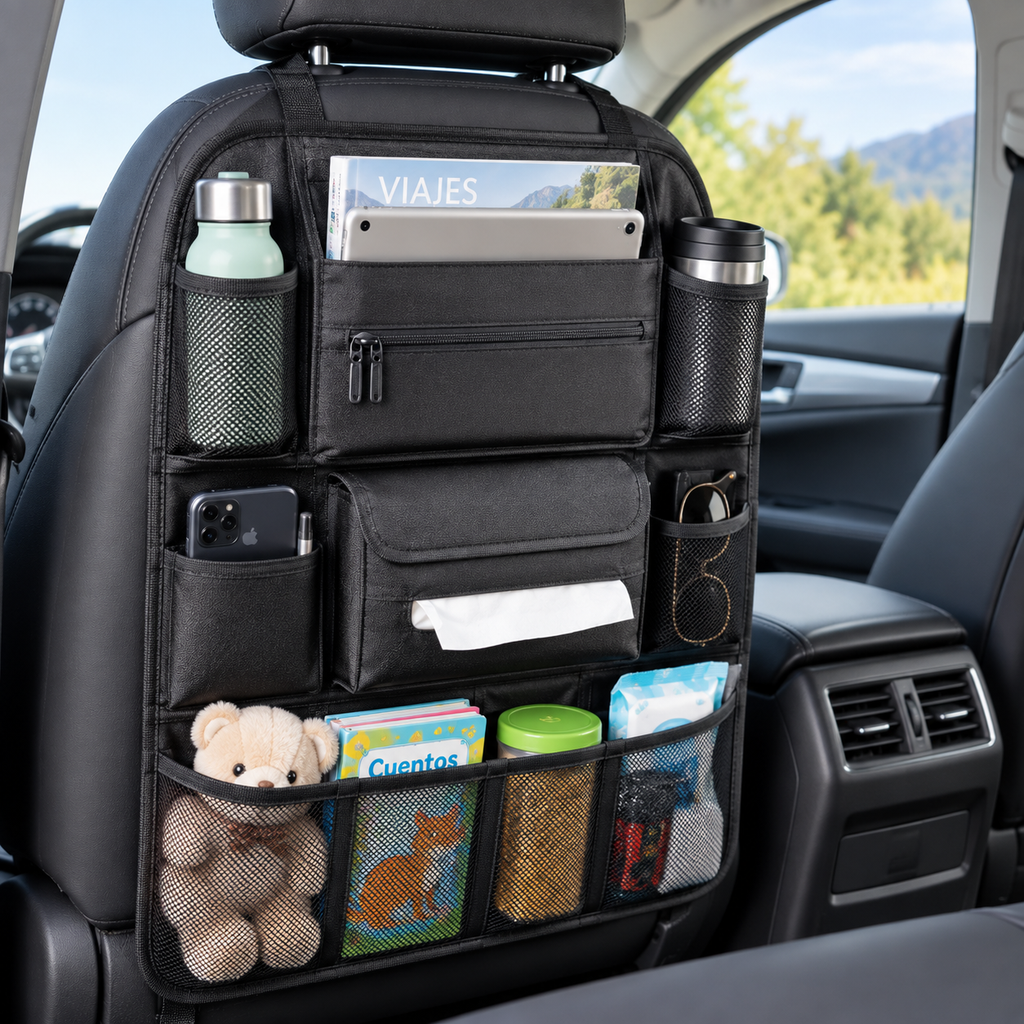 Organizador de respaldo para coche con varios bolsillos y compartimentos
