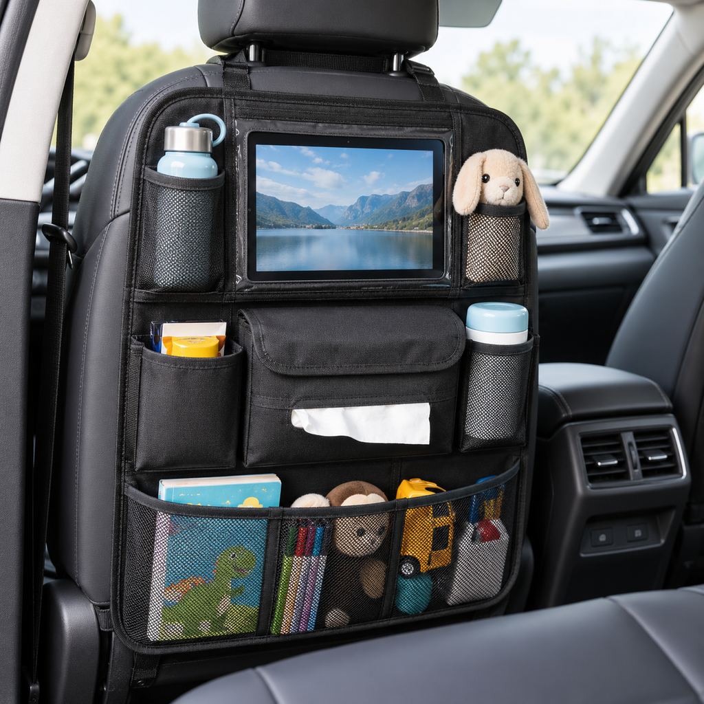 Organizador grande de respaldo para coche con múltiples bolsillos y espacio para tablet