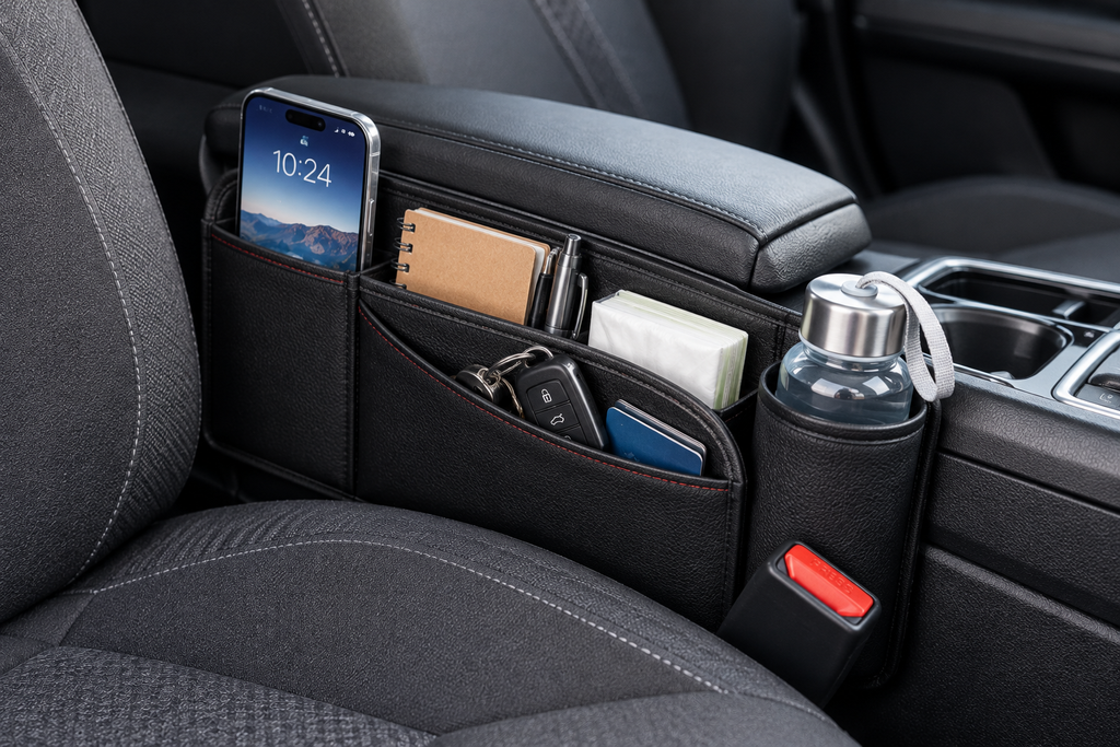 Organizador compacto colocado entre el asiento y la consola del coche