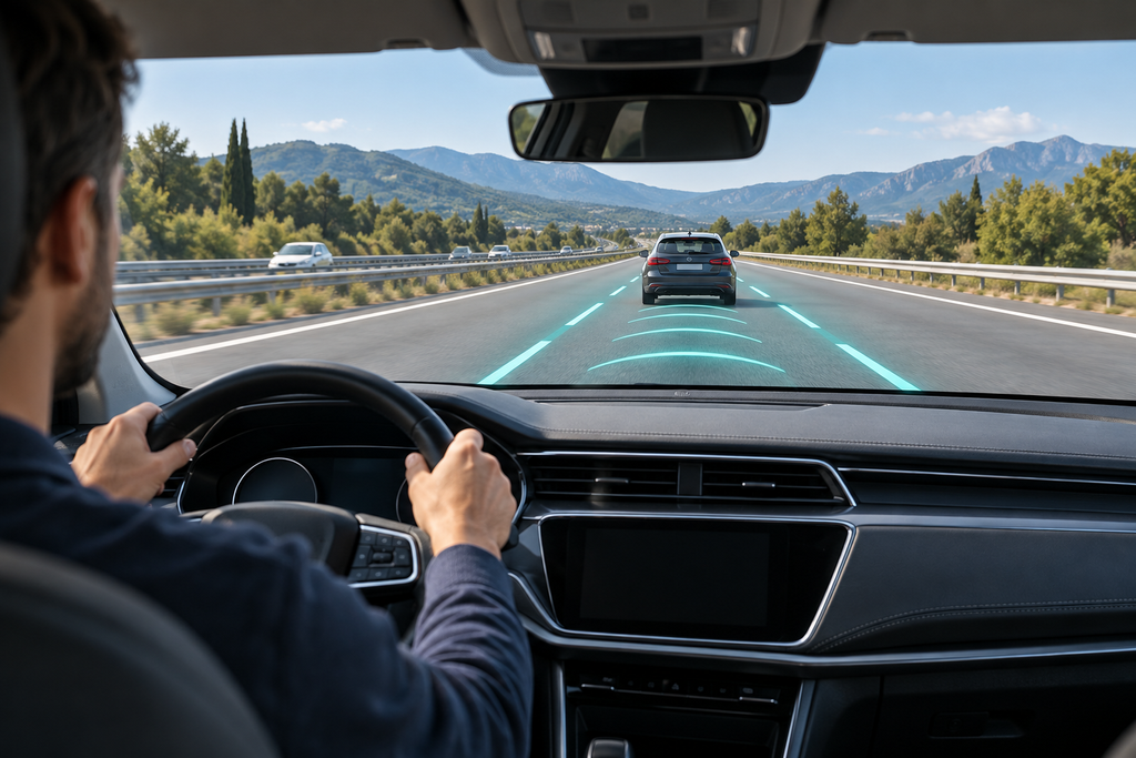 Conductor al volante con representación de la asistencia de carril y distancia al vehículo precedente